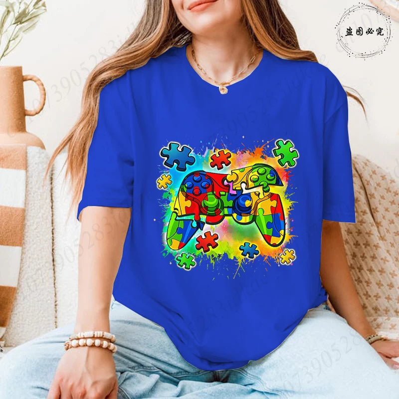 Autism Awareness Game Controller T-Shirt, Colorful Puzzle Piece Graphic Y2k Tops for Women, Neurodiversity Gamer Support Shirt