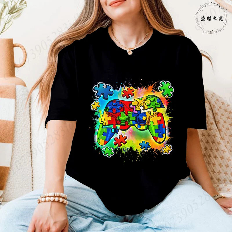 Autism Awareness Game Controller T-Shirt, Colorful Puzzle Piece Graphic Y2k Tops for Women, Neurodiversity Gamer Support Shirt