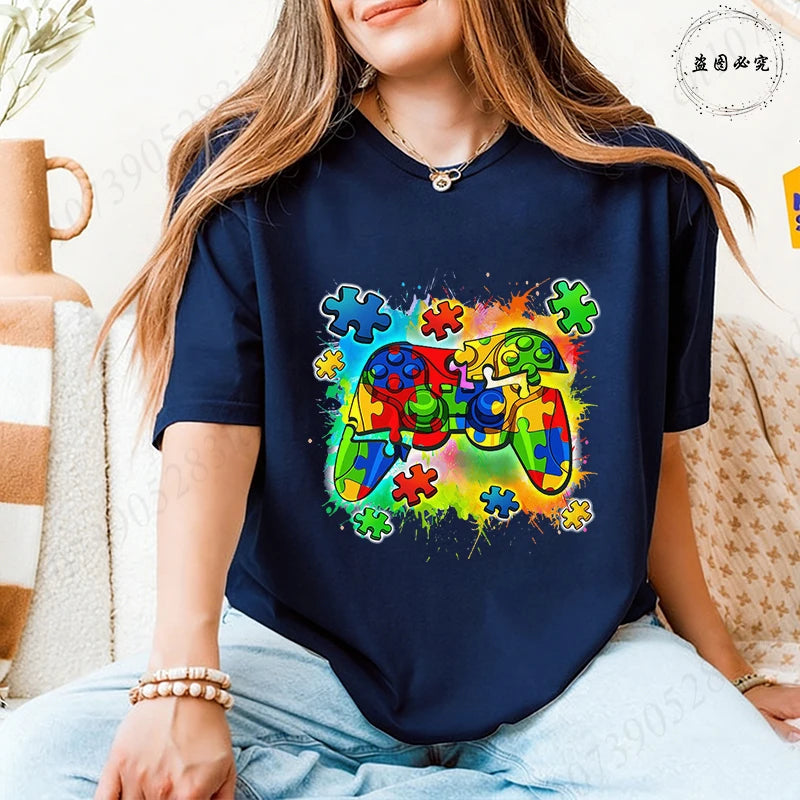 Autism Awareness Game Controller T-Shirt, Colorful Puzzle Piece Graphic Y2k Tops for Women, Neurodiversity Gamer Support Shirt