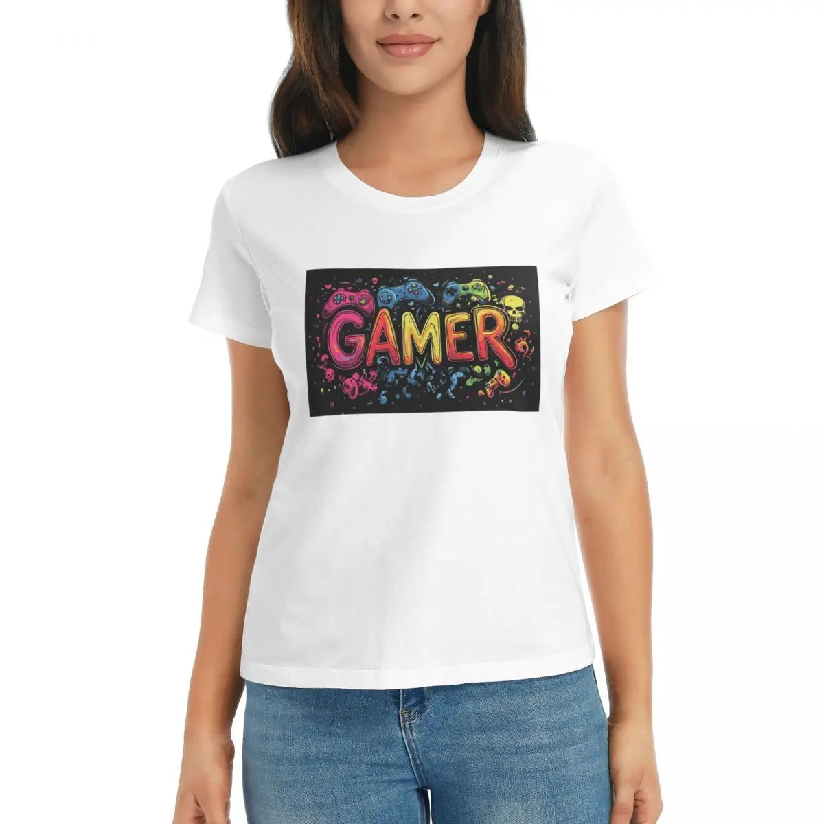 Women T-Shirt Gamer Controller Video Game Gaming Gamepad Short Sleeve Tees Round Neck Cotton T Shirts Clothes Tops Streetwear