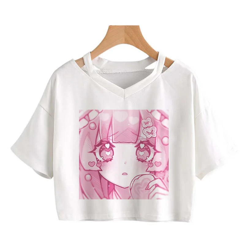Women Fashion Cute clothes kawaii Print Tee Punk Short sleeve T-Shirt Casual Loose Pink Anime Graphic V-neck Crop Top streetwear
