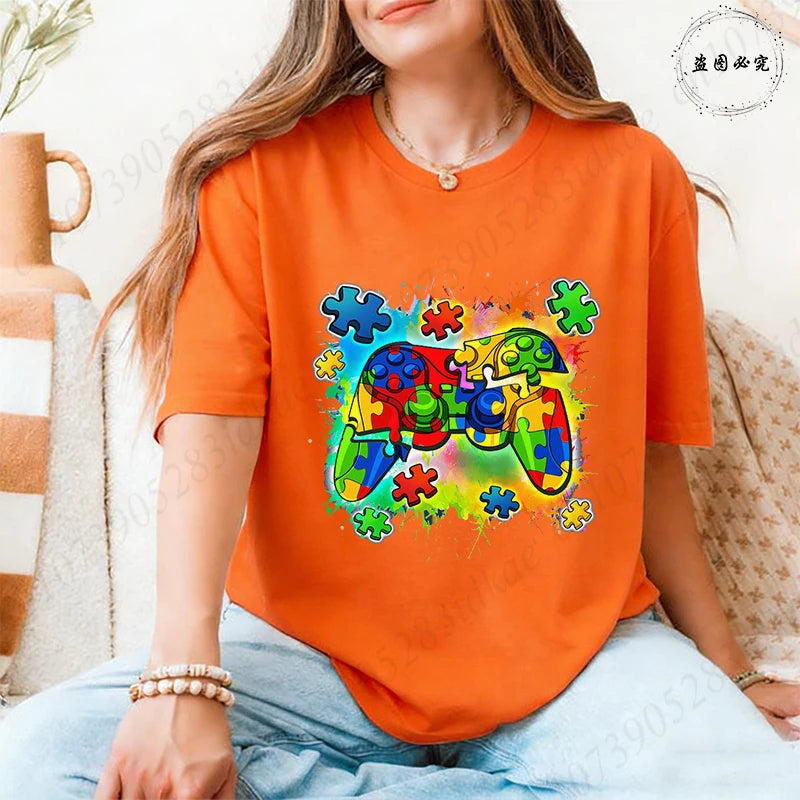 Autism Awareness Game Controller T-Shirt, Colorful Puzzle Piece Graphic Y2k Tops for Women, Neurodiversity Gamer Support Shirt