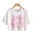 Women Fashion Cute clothes kawaii Print Tee Punk Short sleeve T-Shirt Casual Loose Pink Anime Graphic V-neck Crop Top streetwear