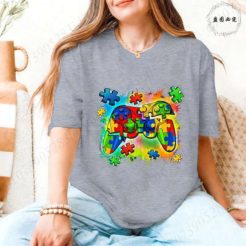 Autism Awareness Game Controller T-Shirt, Colorful Puzzle Piece Graphic Y2k Tops for Women, Neurodiversity Gamer Support Shirt