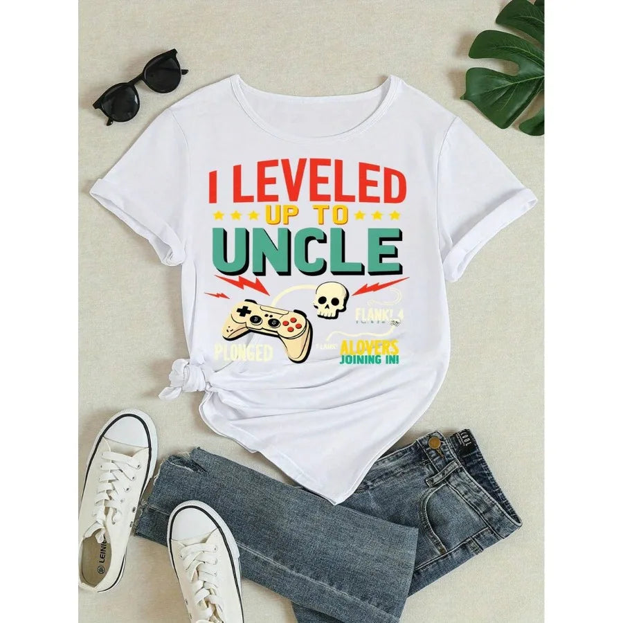 【New style】Women's Short Sleeve Graphic Print T Shirt I Leveled Up To Uncle Slogan Tee Game Controller Skull Print Casual Funny