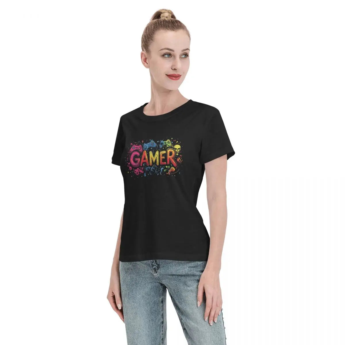 Women T-Shirt Gamer Controller Video Game Gaming Gamepad Short Sleeve Tees Round Neck Cotton T Shirts Clothes Tops Streetwear