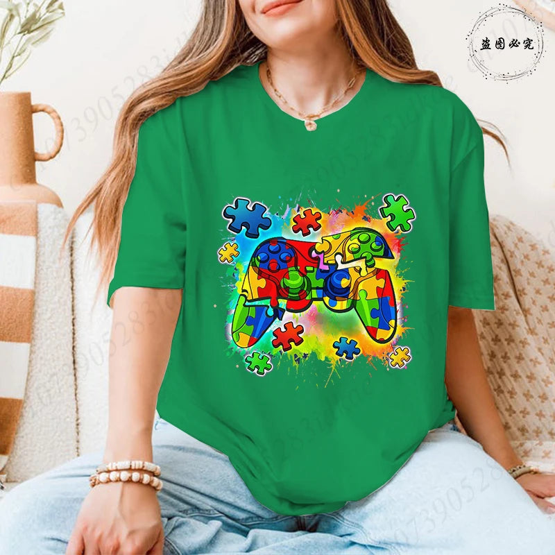 Autism Awareness Game Controller T-Shirt, Colorful Puzzle Piece Graphic Y2k Tops for Women, Neurodiversity Gamer Support Shirt