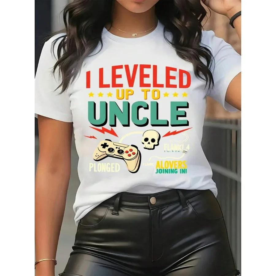 【New style】Women's Short Sleeve Graphic Print T Shirt I Leveled Up To Uncle Slogan Tee Game Controller Skull Print Casual Funny