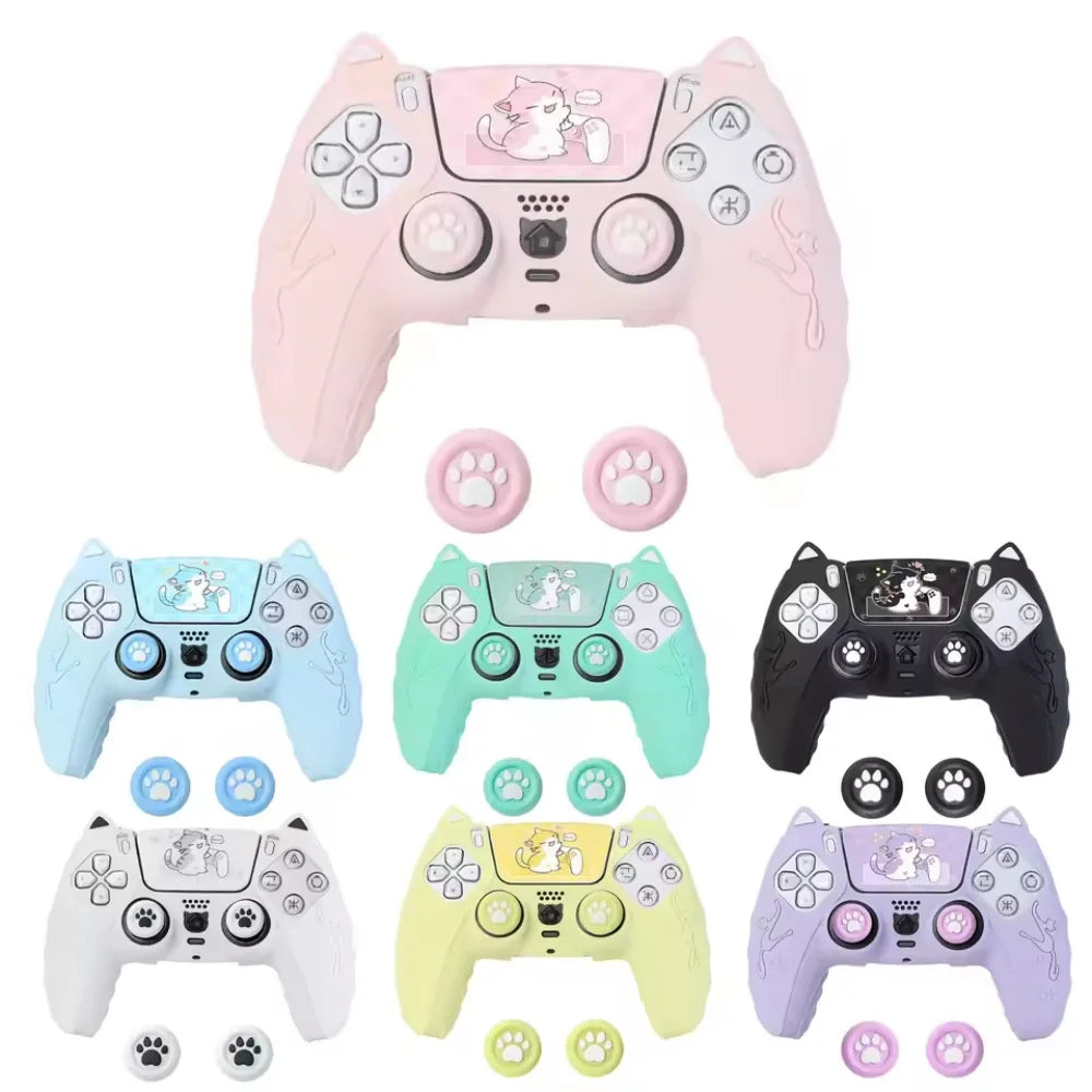 NEW Lovely Cat Silicone Soft Protector Sticker Skin For Playstation Dualsense 5 PS5 Controller Case Thumb Stick Grip Cap Cover