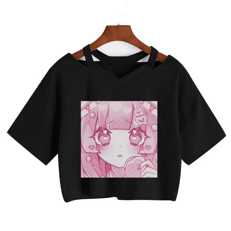 Women Fashion Cute clothes kawaii Print Tee Punk Short sleeve T-Shirt Casual Loose Pink Anime Graphic V-neck Crop Top streetwear