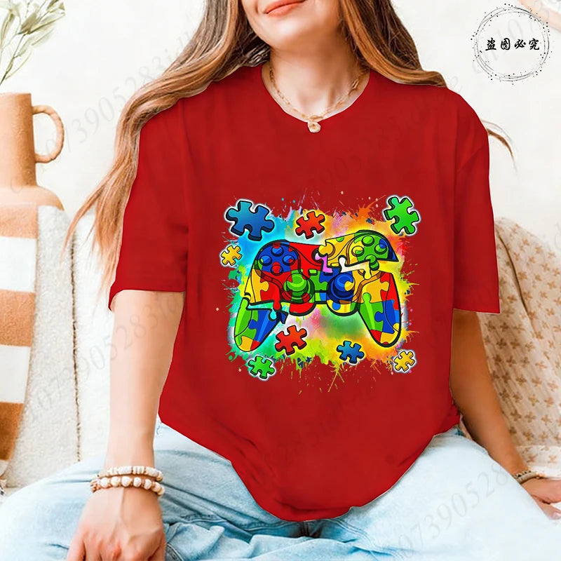 Autism Awareness Game Controller T-Shirt, Colorful Puzzle Piece Graphic Y2k Tops for Women, Neurodiversity Gamer Support Shirt