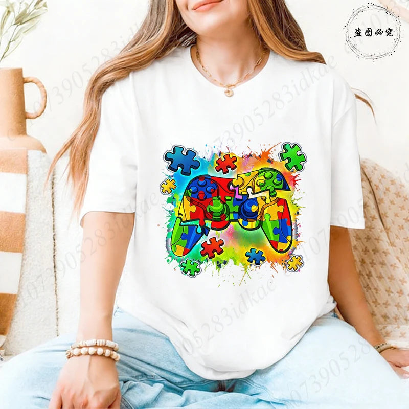 Autism Awareness Game Controller T-Shirt, Colorful Puzzle Piece Graphic Y2k Tops for Women, Neurodiversity Gamer Support Shirt