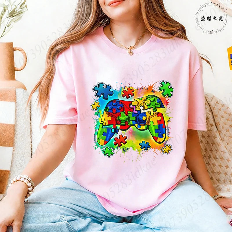 Autism Awareness Game Controller T-Shirt, Colorful Puzzle Piece Graphic Y2k Tops for Women, Neurodiversity Gamer Support Shirt