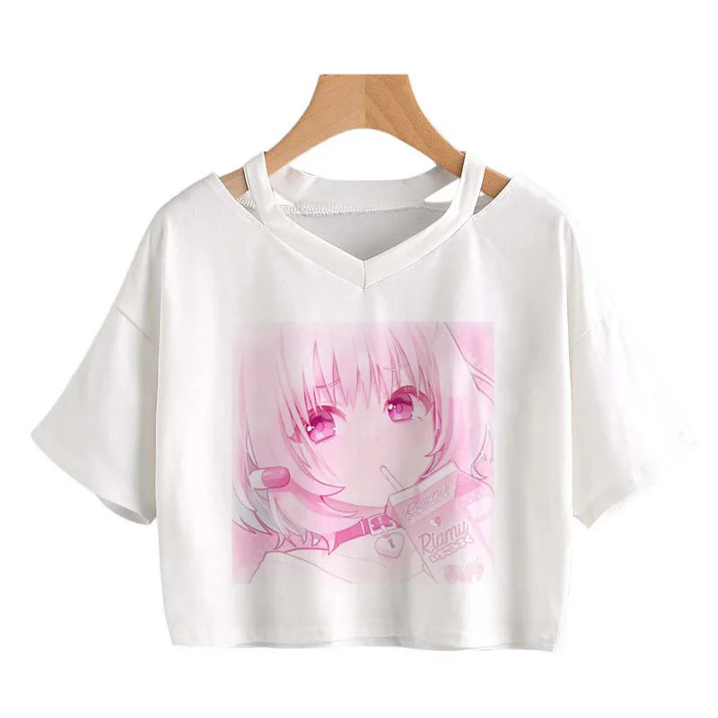 Women Fashion Cute clothes kawaii Print Tee Punk Short sleeve T-Shirt Casual Loose Pink Anime Graphic V-neck Crop Top streetwear