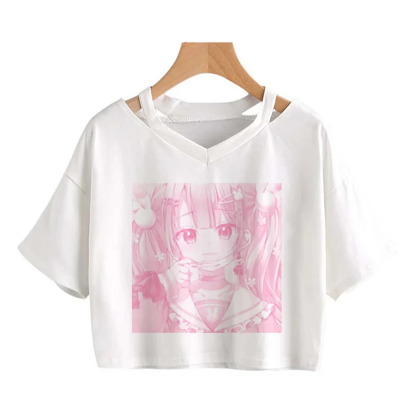 Women Fashion Cute clothes kawaii Print Tee Punk Short sleeve T-Shirt Casual Loose Pink Anime Graphic V-neck Crop Top streetwear