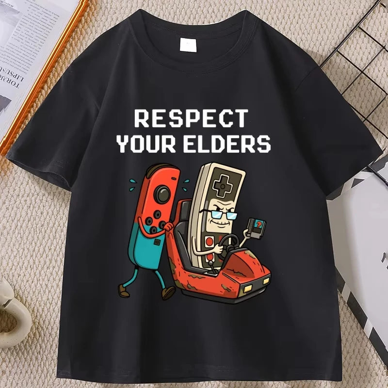 Respect Your Elders Gaming Control T Shirt Man Cotton High Quality Retro Funny Gamer Crewneck T-Shirt Game Lover Tees Streetwear