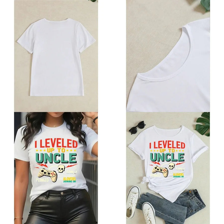 【New style】Women's Short Sleeve Graphic Print T Shirt I Leveled Up To Uncle Slogan Tee Game Controller Skull Print Casual Funny