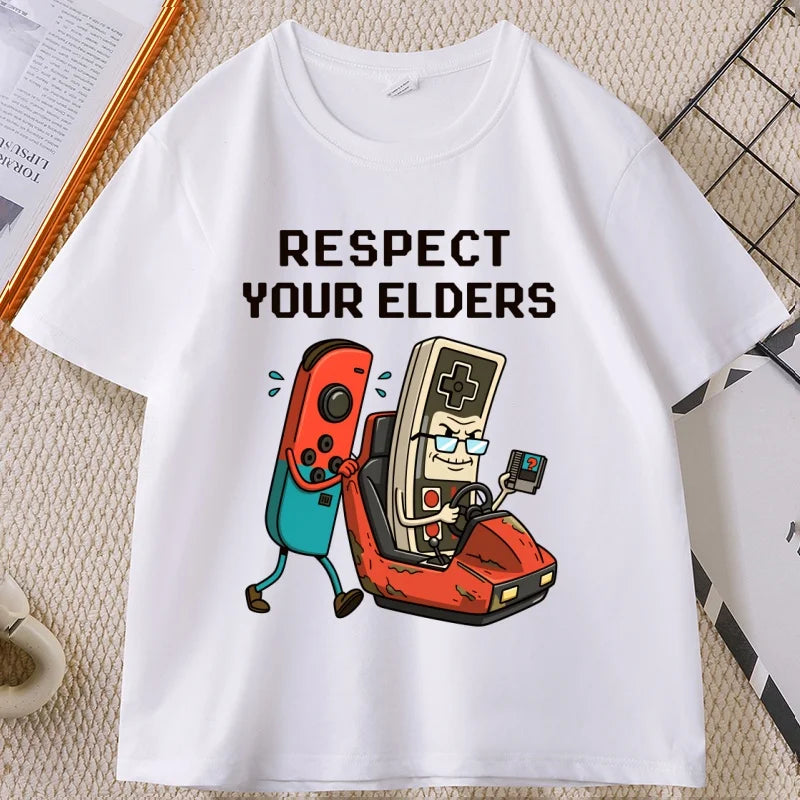 Respect Your Elders Gaming Control T Shirt Man Cotton High Quality Retro Funny Gamer Crewneck T-Shirt Game Lover Tees Streetwear