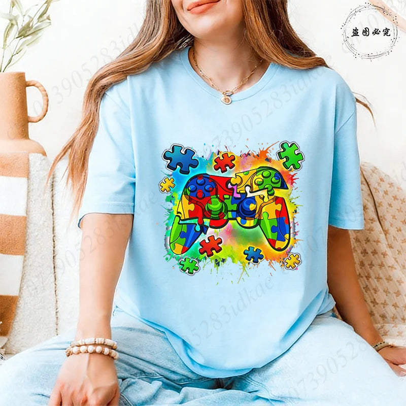 Autism Awareness Game Controller T-Shirt, Colorful Puzzle Piece Graphic Y2k Tops for Women, Neurodiversity Gamer Support Shirt